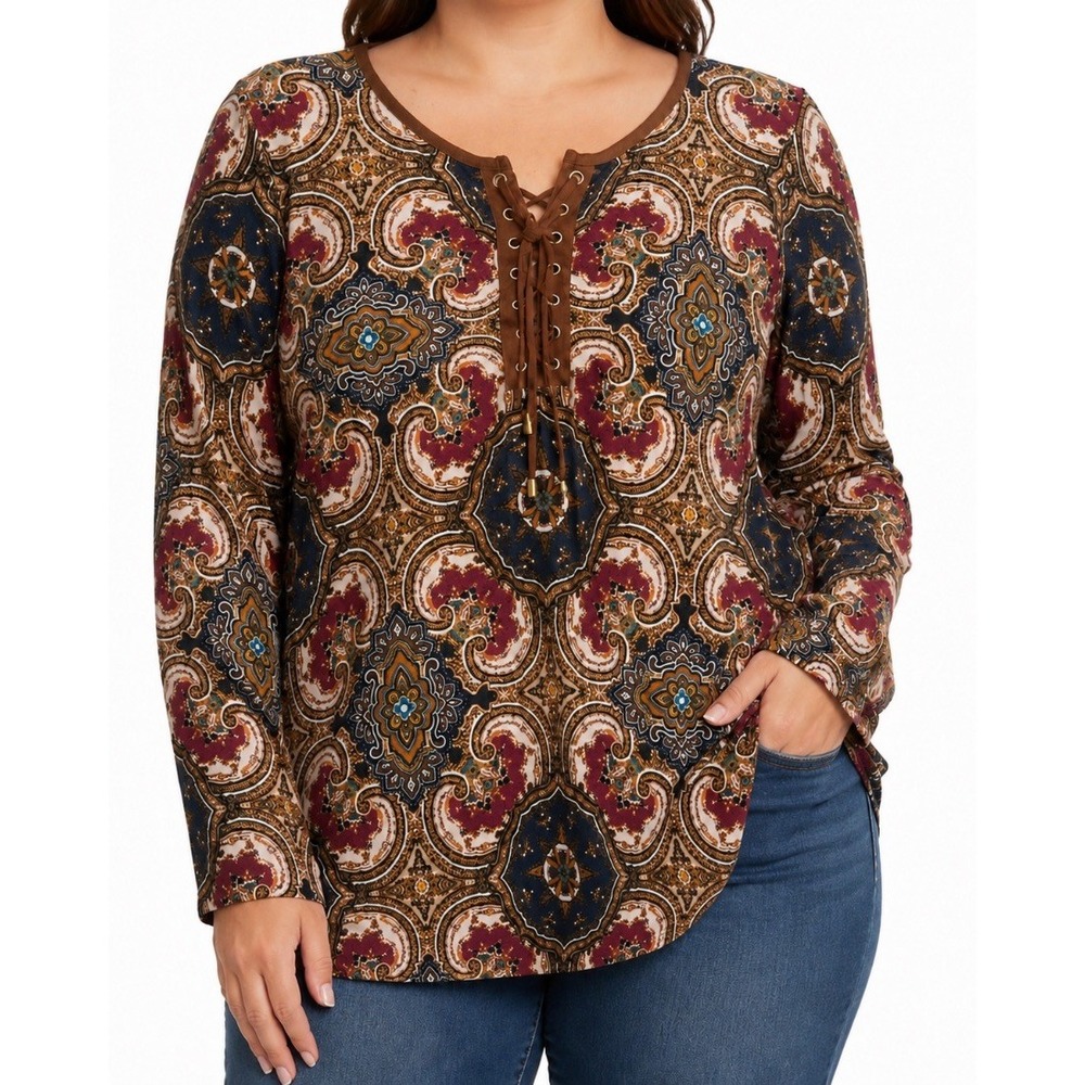 Rafaella Weekend Plus Size Paisley Print Lace Up Tunic Top Long Sleeve 1X